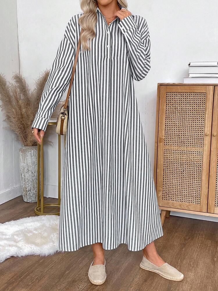 Women's Striped Drop Shoulder Long Sleeve Button Half Placket Casual Loose Shirt Dress Autumn Dress  Fall Dresses For Women   Oing Out Outfit  Business Casual Woman  Old Money Style Women  Button Up Shirt Women