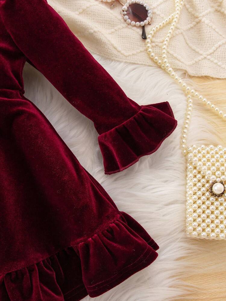 Elegant Burgundy Velvet Long Sleeve Dress, Babygirl - Burgundy - View 4