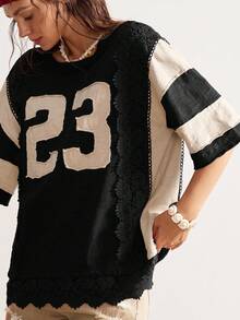 Bohemela Áo thun nữ tay ngắn cổ tròn, dáng rộng, màu trơn, họa tiết ren vá, phong cách Boho Vintage Casual - Đen và trắng - Xem 4