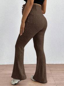 SHEIN 孕妇可调节腰部紧身喇叭裤超高腰长裤 - 棕色 - 查看 2