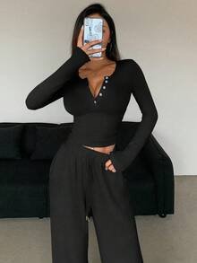 DAZY 女士纯色简约日常长袖衬衫长裤两件套 Y2K 休闲套装 - 黑色 - 查看 5