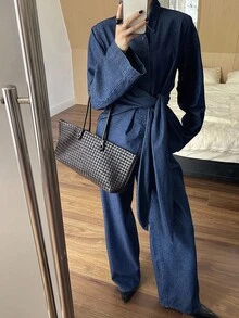 DAZY Autumn/Winter New Loose Casual Retro Distressed Design Women Denim Set - Blue - View 3