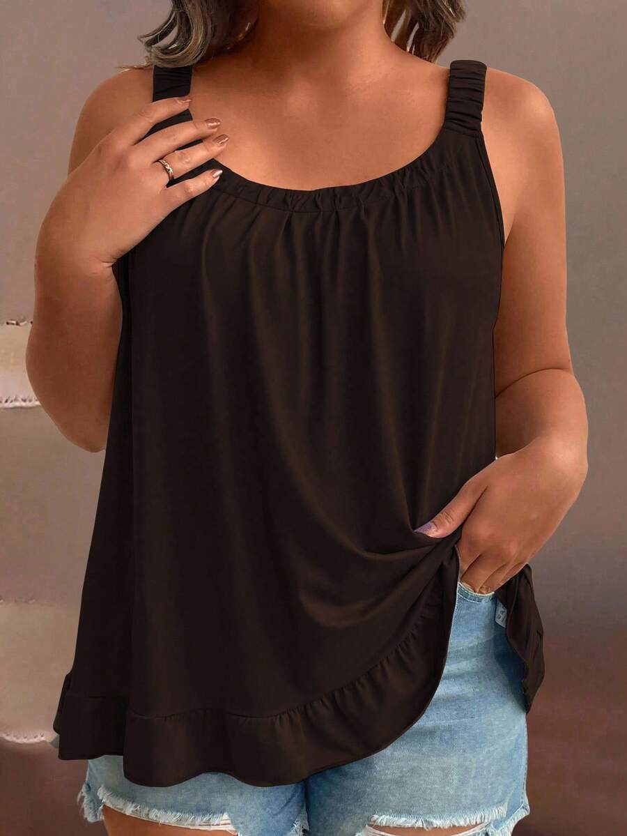 SHEIN EMERY ROSE CURVE Camiseta sin mangas holgada y plisada de unicolor para mujer de talla grande