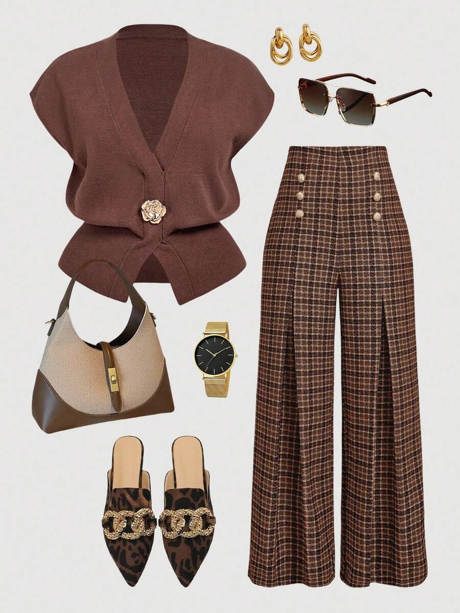 SHEIN MOD Plus Size Deep V-Neck Sleeveless Cardigan Knit Top, Elegant Work Wear In Fall/Winter