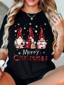EMERY ROSE Ladies' Christmas Dwarf Pattern Printed Short-Sleeved T-Shirt - Round-Neck Casual Top - Black - View 1