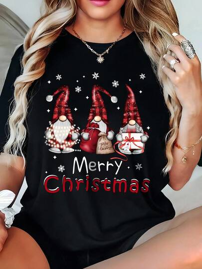 EMERY ROSE Ladies' Christmas Dwarf Pattern Printed Short-Sleeved T-Shirt - Round-Neck Casual Top