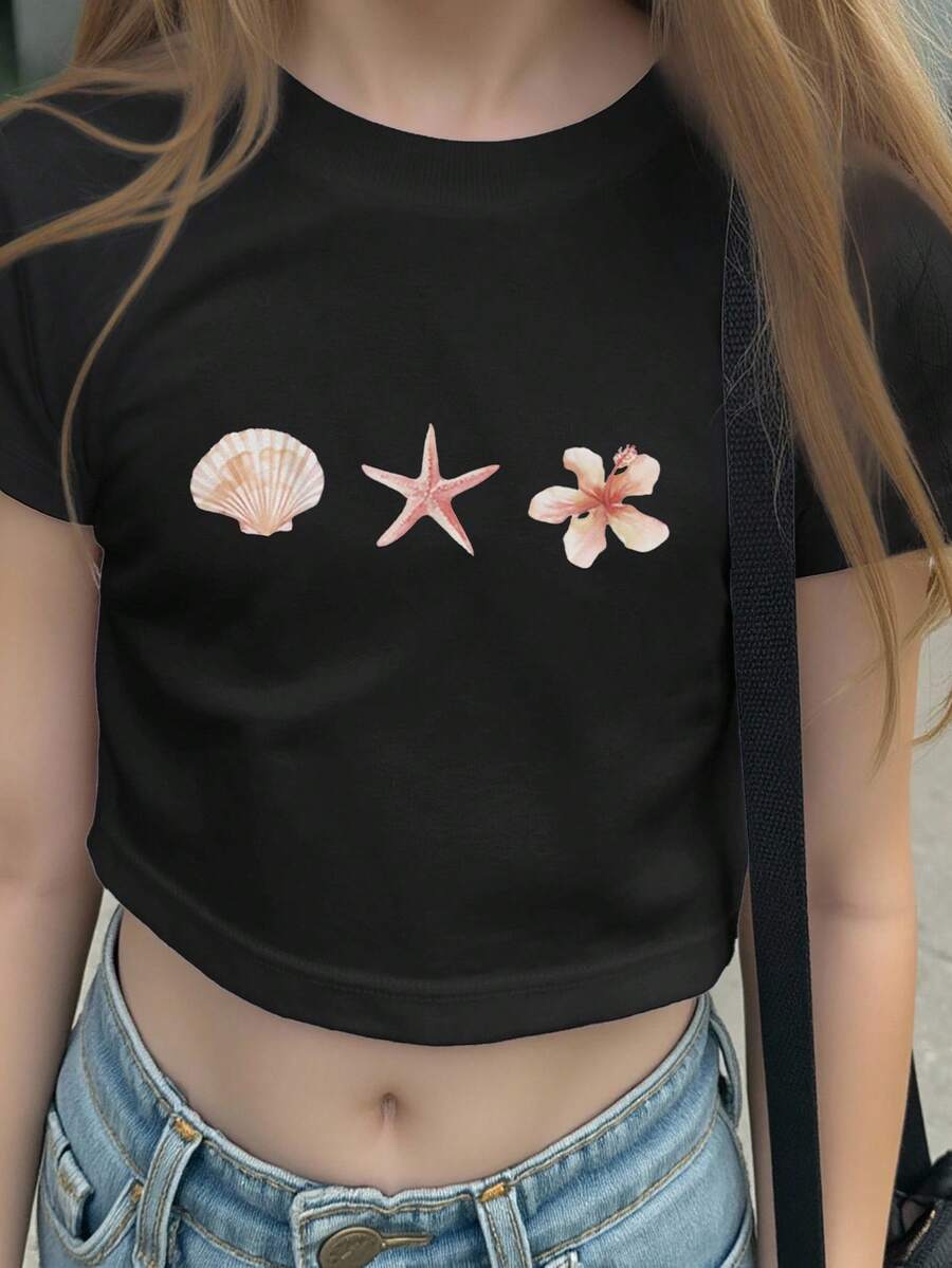 SHEIN Tween Girl Starfish Print Round Neck Short Sleeve Cropped T-Shirt, Summer - Black - View 1