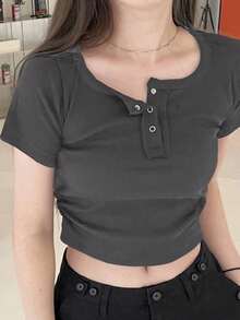 DAZY Women's Crop Slim Solid Color T-Shirt Summer - Dark Grey - View 4