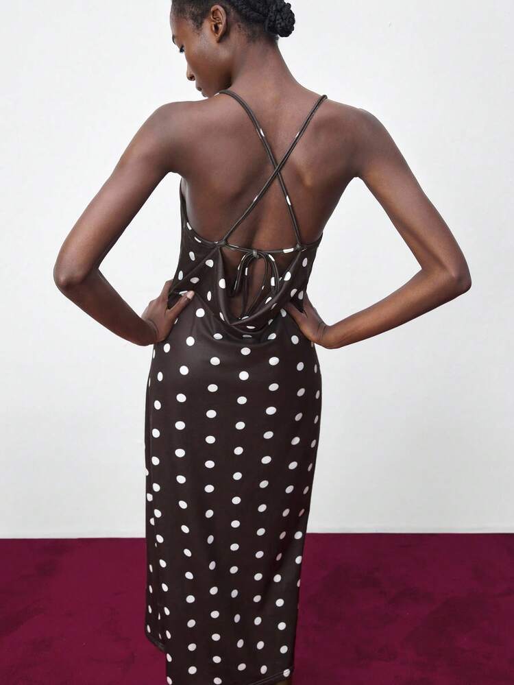 SHEIN Maija Women's Polka Dot Print Backless Dress, Summer Christmas Women's Clothing  New Year Outfit Party Dress  Beach Outfits For Women  Brown Dress Elegant Dresses For Party Brown Dress