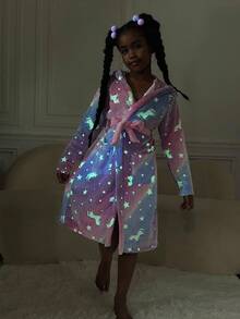 SHEIN Tween Girls Casual Knit Long Sleeve Sleepwear Robe, Autumn/Winter - Multicolor - View 1