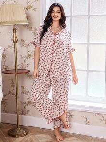 CottageSlumber Bubble Floral Print Open Front Collar Plus Size Pajama Set - Red - View 6