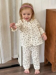 SHEIN Playful Pals 2 pezzi Set di maglietta a maniche lunghe con colletto a volant e stampa floreale e pantaloni per bambine, adatto per autunno/inverno, da indossare in casa o all'aperto - Albicocca - Visualizzare 10