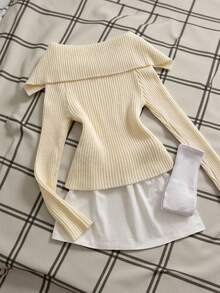 INAWLY Áo len dệt kim trơn màu thường ngày cho nữ, Thu/Đông - Màu be - Xem 2