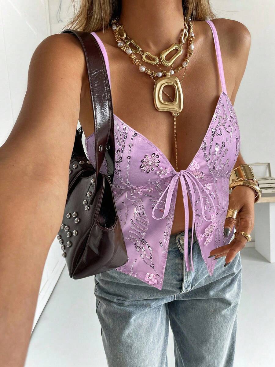 Siren Gaze 女式夏季休闲时尚街头度假风格亮片花卉印花前系带吊带背心 - 粉色 - 查看 1