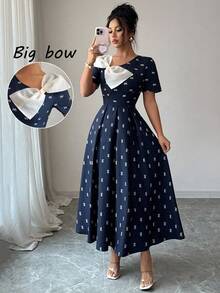 Elenzga 新款时尚夏季短袖 V 领大蝴蝶结装饰中腰飘逸优雅连衣裙，适合派对、购物、度假等场合 - 藏蓝色 - 查看 1