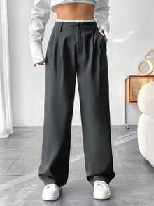 Flirla Women's Fashion Commuter Contrast Waistband Straight Leg Pants