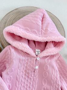 SHEIN Conjunto de mono con capucha de manga larga y pantalones de punto jacquard rosa otoñal para bebé niña, adecuado para el hogar, salidas y reuniones