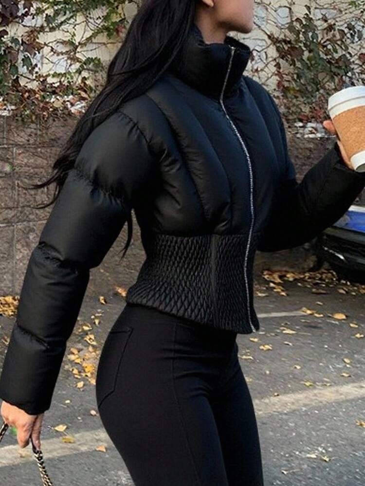 Women's Padded Coat With Waist Cinching Design, Stand Collar, Hem Splicing, Casual Thermal Lined Thick Jacket Winter