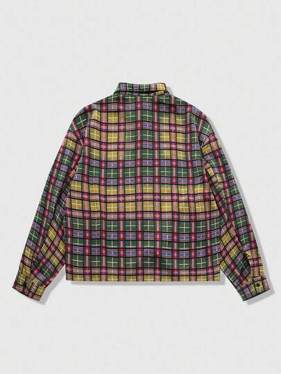 Street Life Chemise pour hommes avec motif à carreaux strass, manches longues, style américain streetwear