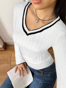 SHEIN EZwear 女式撞色落肩休闲修身V领套头毛衣 - 白色 - 查看 5