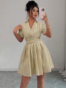 Rafferiza Váy sơ mi sọc hồng tay raglan cổ chữ V thắt eo thanh lịch dành cho nữ, mùa hè - Màu Khaki - Xem 6