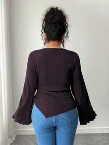 Elenzga Plus Size Casual Solid Color Asymmetric Hem Flare Sleeve T-Shirt Fall - Purple - View 2
