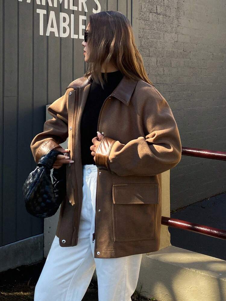 Women's Autumn/Winter Lapel Patchwork Large Pocket Woolen Coat Jacket