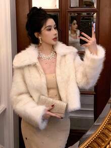 DAZY 女士毛绒领中长款外套，秋冬款 Y2k 夹克 - 米色 - 查看 1