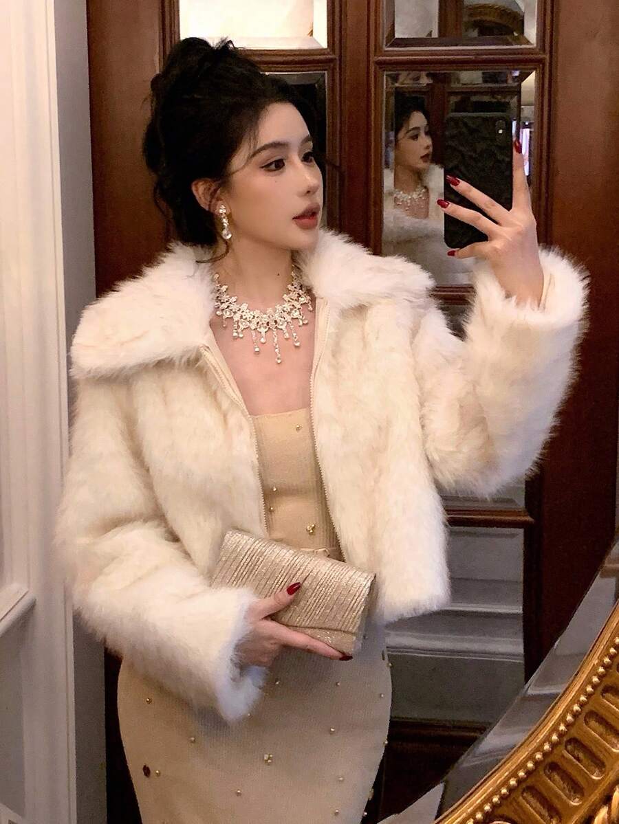 DAZY 女士毛绒领中长款外套，秋冬款 Y2k 夹克 - 米色 - 查看 1