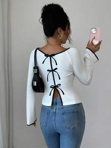 Elenzga Women's Elegant Commuter Contrast Trim Tie Back Slit T-Shirt - White - View 3