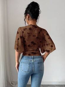 Elenzga Áo thun tay loe in hoa thanh lịch dành cho nữ, mùa hè - Cà phê nâu - Xem 2