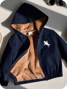 SHEIN 男女通用婴儿休闲连帽羊毛外套，卡其色，适合男婴和女婴，秋冬季 - 藏蓝色 - 查看 3