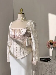 Sweetra Áo sơ mi tay dài vải jacquard chắp vá thanh lịch cỡ lớn - Màu be - Xem 5