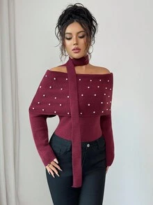 Elenzga Femmes Élégant Doux Perles Épaules Dénudées Col Roulé Chandail Avec Design Écharpe Drapée, Convient Pour Noël, Nouvel An, Cadeaux d'Action de Grâce, Automne/Hiver - Rouge foncé - Voir 3
