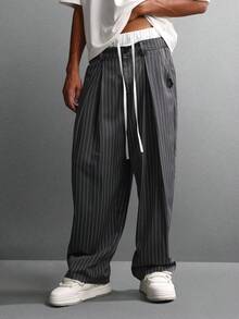 SUMWON Loose Fit Double Waistband Pinstripe Trouser With Pleats Wide Leg Formal Business Casual Office Pants - Grey - View 1