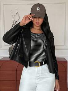 SHEIN Clasi Plus Size Women Casual Fashion Faux Leather Jacket