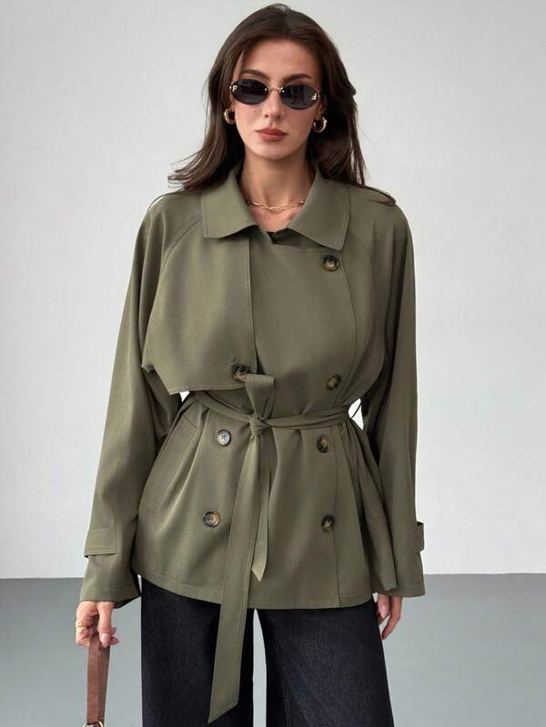 Aloruh 女式简约百搭双排扣收腰中长袖风衣，秋冬款