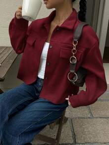 Siren Gaze 女士休闲百搭纯色短款大衣秋冬装 - 酒紅色 - 查看 6