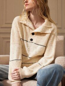 Écloséra Women's Casual Drop Shoulder Striped Button Half-Placket Pullover Sweater, Autumn/Winter