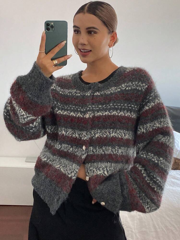 Women's Loose Casual Striped Knitted Cardigan, Autumn/Winter