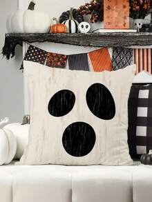 1/4pcs Retro Style Halloween Party Decoration Pillow Cover, Character Expression Cushion Cover - Printed With Ghost, Pumpkin, Black Cat Patterns, 18x18 Inches | Zipper Closure | Polyester Material | Sofa, Bedroom, And Living Room Decoration, Used For Halloween Decoration, Party Supplies, And Home Decor. No Filling Material - Orange Green Black - View 3