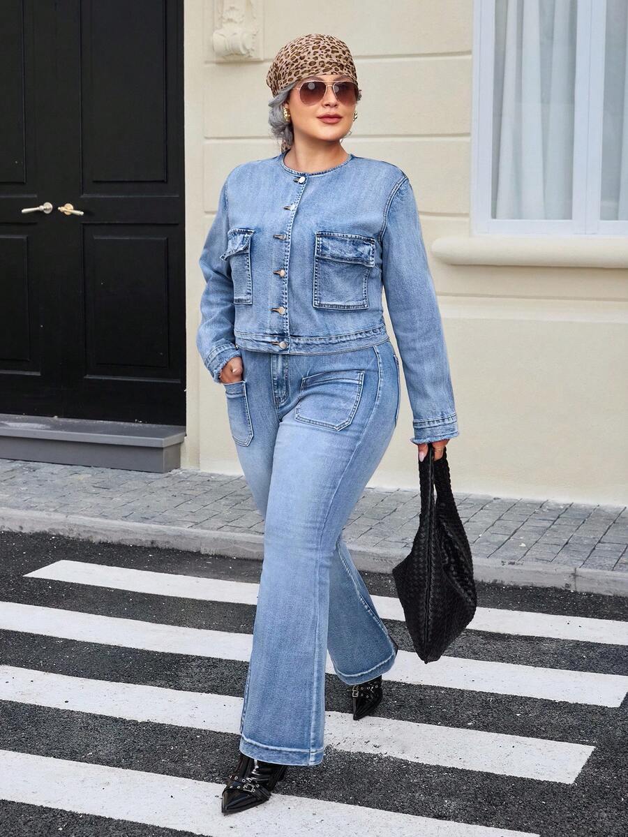 EMERY ROSE Áo khoác denim vừa vặn, cổ điển, thời trang dành cho nữ cỡ lớn - Rửa nhẹ - Xem 1