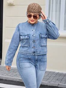 EMERY ROSE Áo khoác denim vừa vặn, cổ điển, thời trang dành cho nữ cỡ lớn - Rửa nhẹ - Xem 3