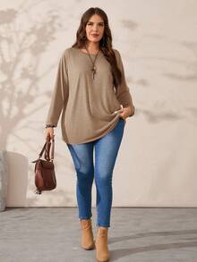 EMERY ROSE Áo thun cổ tròn tay dài dáng rộng, mềm mại, dễ thương, quần áo mùa thu, cỡ lớn - Màu be - Xem 3