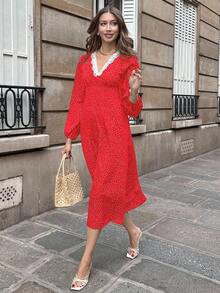 Pariaura Váy chấm bi thêu hoa ren kiểu Pháp dành cho nữ - Đỏ - Xem 4