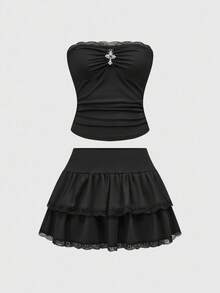 ROMWE Goth 哥特洛丽塔性感交叉蕾丝边紧身胸衣上衣和撞色蕾丝边蛋糕裙 2 件套 - 黑色 - 查看 1