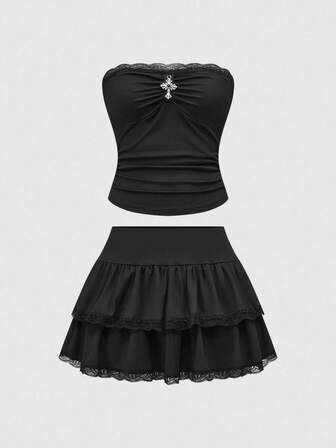 Gothic Lolita Sexy Cross Lace Trim Bustier Top And Contrast Lace Trim Cake Skirt 2 Pieces Set