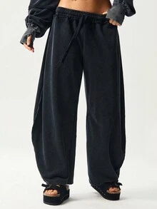 Bohemela 女士休闲纯色针织宽松阔腿运动裤 - 黑色 - 查看 4