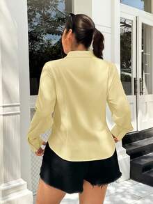 SHEIN EZwear 大码女式休闲百搭收腰长袖衬衫 - 黃色 - 查看 2