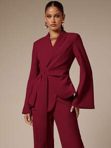 Silquee 秋冬时尚优雅通勤纯色系带西装外套 - 酒紅色 - 查看 4